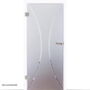 Schöne, moderne Ganzglastür für Innenräume, Modell "Harmonie" 2008. Grundfläche Satinato, Motiv mit Rillenschliff, Beschlagsset 818 in Edelstahl-ähnlich mit Drücker