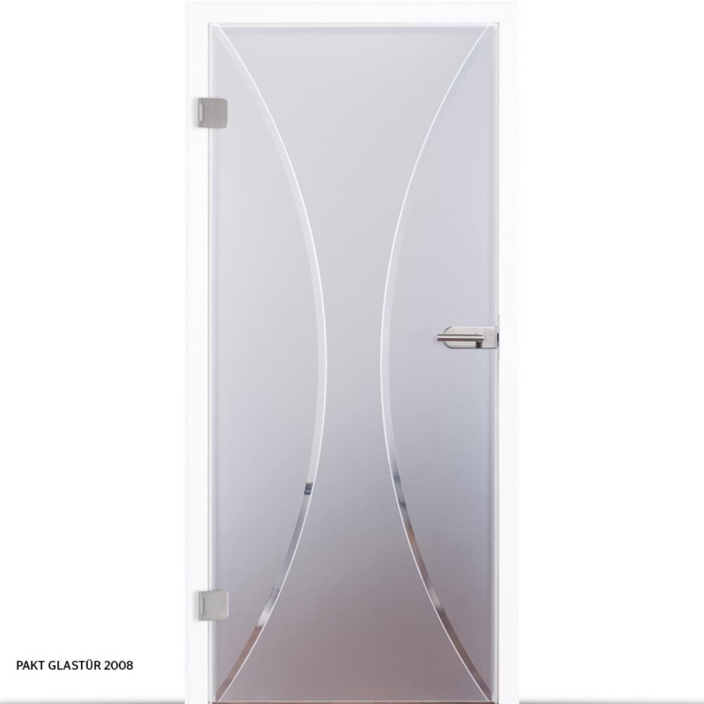 Schöne, moderne Ganzglastür für Innenräume, Modell "Harmonie" 2008. Grundfläche Satinato, Motiv mit Rillenschliff, Beschlagsset 818 in Edelstahl-ähnlich mit Drücker