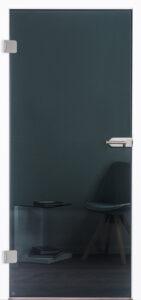 Moderne, extravagante Ganzglastür "Dark Grey" 1034. Scheibe durchsichtig mit dunkelgrauem Rauchglas. Beschlagsset 818 in Edelstahl-ähnlich mit Drücker.