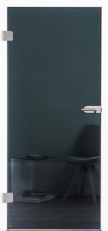 Moderne, extravagante Ganzglastür "Dark Grey" 1034. Scheibe durchsichtig mit dunkelgrauem Rauchglas. Beschlagsset 818 in Edelstahl-ähnlich mit Drücker.