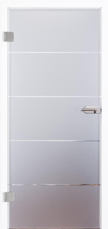 Schlichte, moderne Ganzglastür "Sliced" 2020. Grundfläche Satinato, Motiv, 4 klare, waagrechte Linien sind klar. Beschlagsset 818 in Edelstahl-ähnlich mit Drücker.
