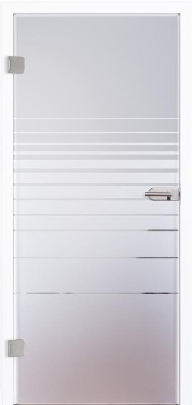 Moderne, schlichte Ganzglastür für den Innenbereich "Room" 4208. Motiv mit siebdruck, untere hälfte undurchsichtig, oberes Feld Klarglas mit schmäler werdenden Streifen. Beschlagsset 818 in Edelstahl-ähnlich mit Drücker.