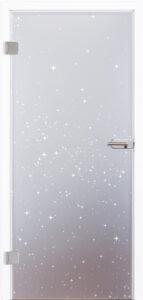Schöne Ganzglastür für den Innenraum, Modell "Sterne" 7015 auf Satinato. Mit Sterne-Motiv als Lasergravur auf dem undurchsichtigen, matten Glas. Beschlagsset 818 in Edelstah-ähnlich mit Drücker.