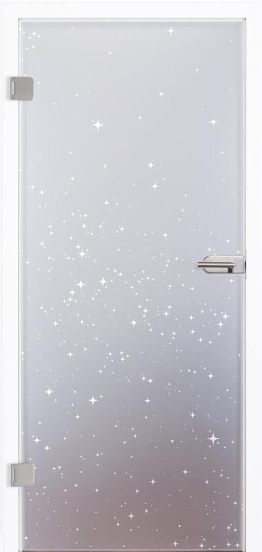 Schöne Ganzglastür für den Innenraum, Modell "Sterne" 7015 auf Satinato. Mit Sterne-Motiv als Lasergravur auf dem undurchsichtigen, matten Glas. Beschlagsset 818 in Edelstah-ähnlich mit Drücker.
