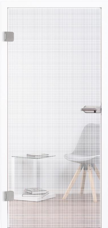 Moderne, schlichte Ganzglastür "Fine Line Cross" 7034 für Innenräume. Grundfläche klar, Motiv stellt viele ganz kleine, feine Linien dar, sowohl senkrecht, als auch waagrecht. Leichter Sichtschutz, Motiv mit Laser graviert. Mit Beschlagsset 818 in Edelstahl-ähnlich und Drücker.
