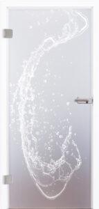 Moderne Ganzglastür "Splash" 7044 für Innenräume. Grundfläche Satinato, undurchsichtig, Motiv mit Laser graviert, stellt einen Wasserspritzer da, bietet sich perfekt für Bäder, Saunen oder Toiletten/WCs an. Beschlagsset 818 in Edelstahl-ähnlich mit Drücker.