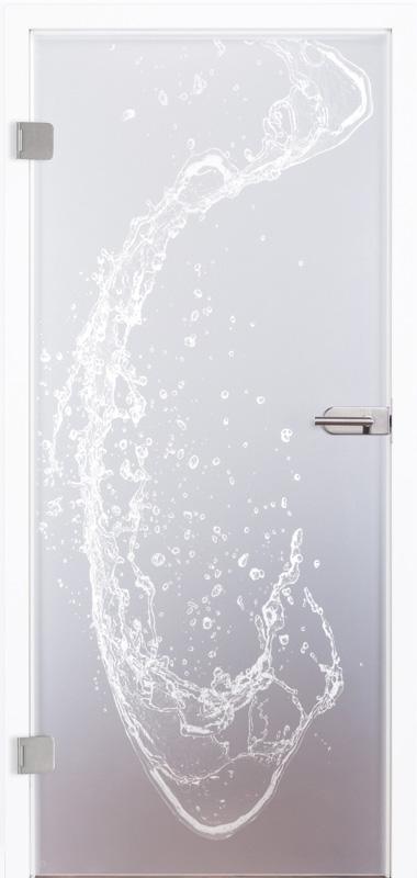 Moderne Ganzglastür "Splash" 7044 für Innenräume. Grundfläche Satinato, undurchsichtig, Motiv mit Laser graviert, stellt einen Wasserspritzer da, bietet sich perfekt für Bäder, Saunen oder Toiletten/WCs an. Beschlagsset 818 in Edelstahl-ähnlich mit Drücker.