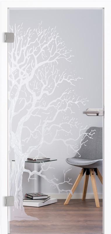 Moderne Ganzglastür "Tree" 7084 für Innenräume. Grundfläche Klar, Motiv mit Laser graviert, stellt ein Hälfte eines großen, astigen Baumes dar. Beschlagsset 818 in Edelstahl-ähnlich mit Drücker.
