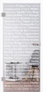 Moderne, ausgefallene Ganzglastür "Cucina" 7227 für den Innenbereich. Grundfläche klar, Aufschrift matt. Hier sieht man in verschiedenen Sprachen Lebensmittelbezeichnungen, wie z.B. Cappuccino, Sugar oder Croissant. Bietet sich für den Küchen- und Essbereich an. Beschlagsset 818 in Edelstahl-ähnlich mit Drücker.