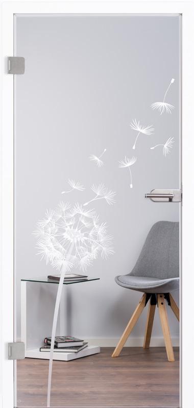 Moderne, schöne Ganzglastür "Blowball II" 7240 für den Innenbereich. Grundfläche klar, Motiv mit Lasergravur, stellt eine wegfliegende Pusteblume dar. Mit Beschlagsset 818 in Edelstahl-ähnlich und Drücker.