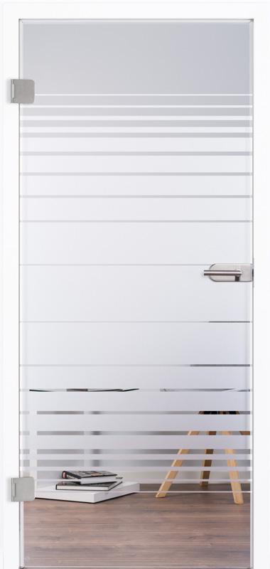 VSG-Ganzglastür für den Innenbereich, Modell "Lamelle" 9246. Moderne, schlichte Tür, mit Innenliegender Folie -mittiger Bereich mit mehreren schmäleren und breiteren Streifen, oberer und unterer Bereich des Türblatts komplett klar. Beschlagsset 818 in Edelstahl-ähnlich mit Drücker.