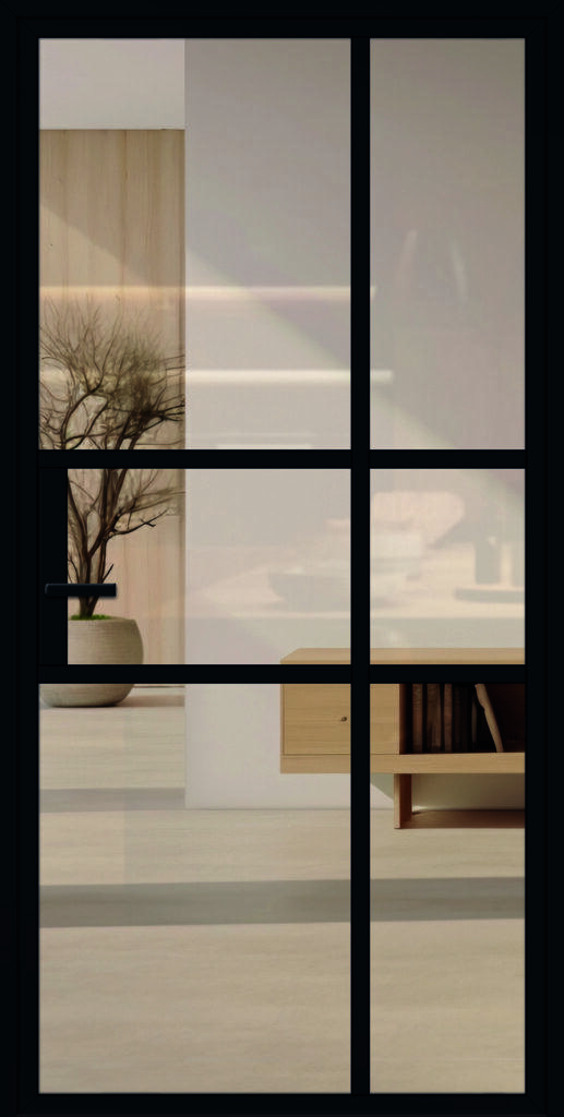 Moderne, schöne Lofttür aus Aluminium für den Innenbereich im Industrie-Stil, Modell 10 in RAL 9005 mit Drücker und Klarglas.