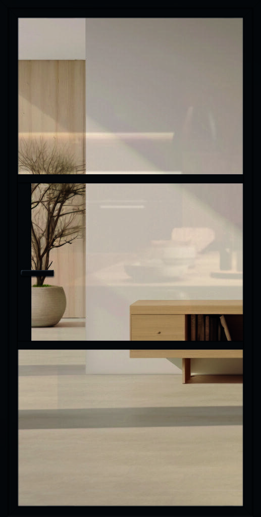 Moderne, schöne Lofttür aus Aluminium für den Innenbereich im Industrie-Stil, Modell 3 in RAL 9005 mit Drücker und Klarglas.