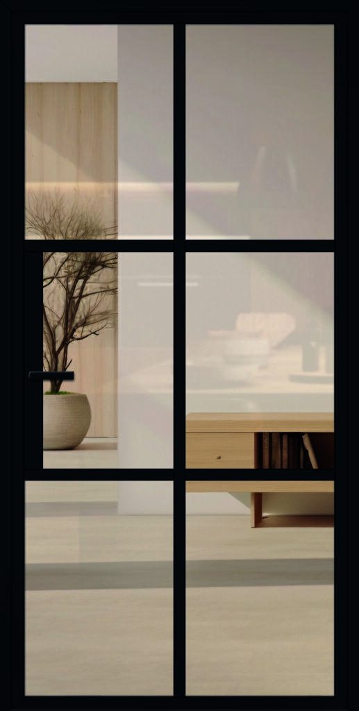 Moderne, schöne Lofttür aus Aluminium für den Innenbereich im Industrie-Stil, Modell 4 in RAL 9005 mit Drücker und Klarglas.