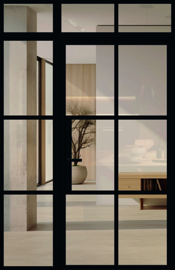 Moderne, schöne Loft-Glasanlage aus Aluminium für den Innenbereich mit Seitenteil und Oberlichte im Industrie-Stil, Modell 4 in RAL 9005 mit Drücker und Klarglas.