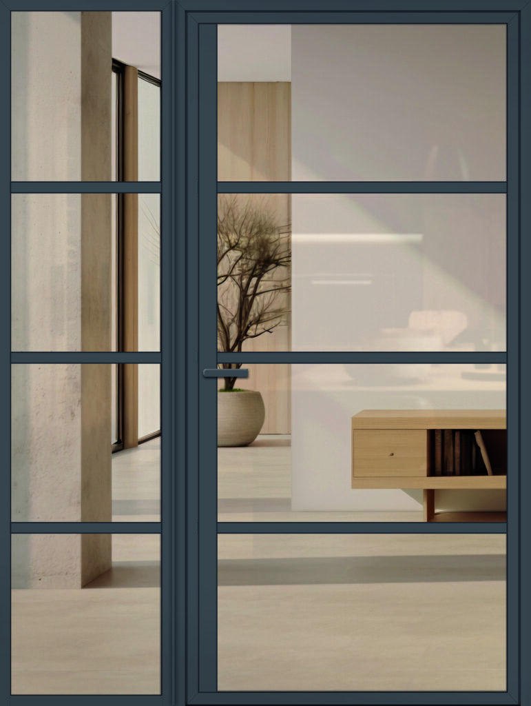 Moderne, schöne Lofttür aus Aluminium für den Innenbereich im Industrie-Stil mit Seitenteil, Modell 5 in DB703 mit Drücker und Klarglas.