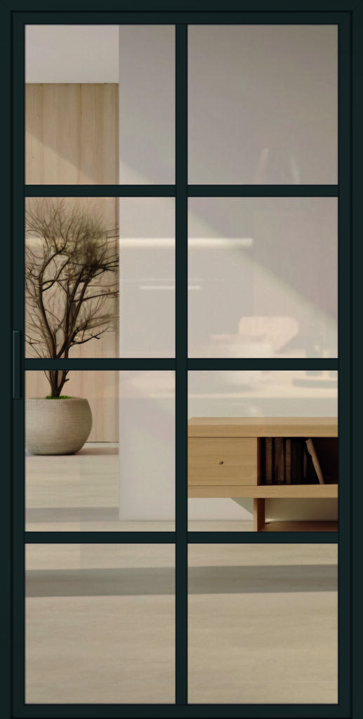 Moderne, schöne Lofttür aus Aluminium für den Innenbereich im Industrie-Stil, Modell 6 in RAL 7016 mit Griffstange und Klarglas.