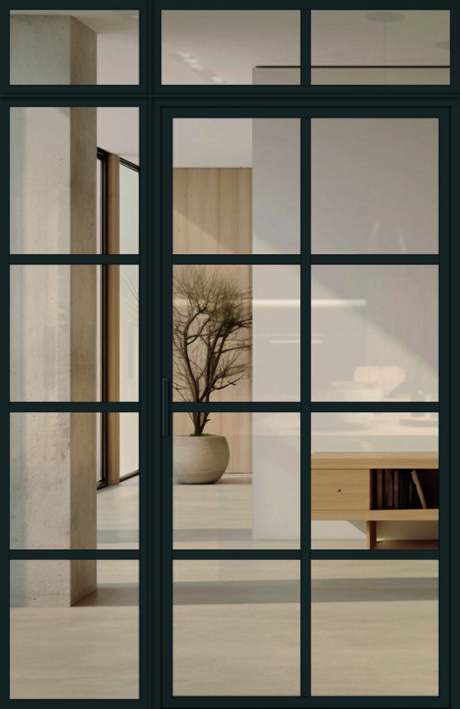 Moderne, schöne Loft-Glasanlage aus Aluminium für den Innenbereich mit Seitenteil und Oberlichte im Industrie-Stil, Modell 6 in RAL 7016 mit Griffstange und Klarglas.