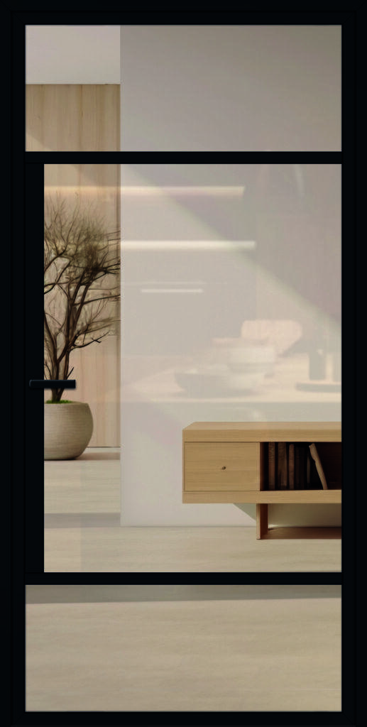 Moderne, schöne Lofttür aus Aluminium für den Innenbereich im Industrie-Stil, Modell 7 in RAL 9005 mit Drücker und Klarglas.