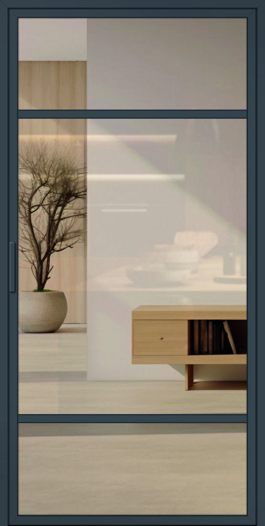 Moderne, schöne Lofttür aus Aluminium für den Innenbereich im Industrie-Stil, Modell 7 in DB 703 mit Griffstange und Klarglas.