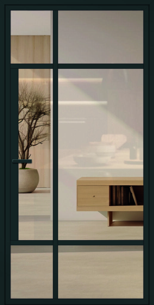 Moderne, schöne Lofttür aus Aluminium für den Innenbereich im Industrie-Stil, Modell 7 in RAL 7016 mit Drücker und Klarglas.