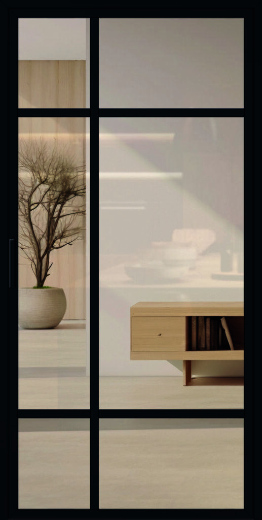 Moderne, schöne Lofttür aus Aluminium für den Innenbereich im Industrie-Stil, Modell 7 in RAL 9005 mit Griffstange und Klarglas.