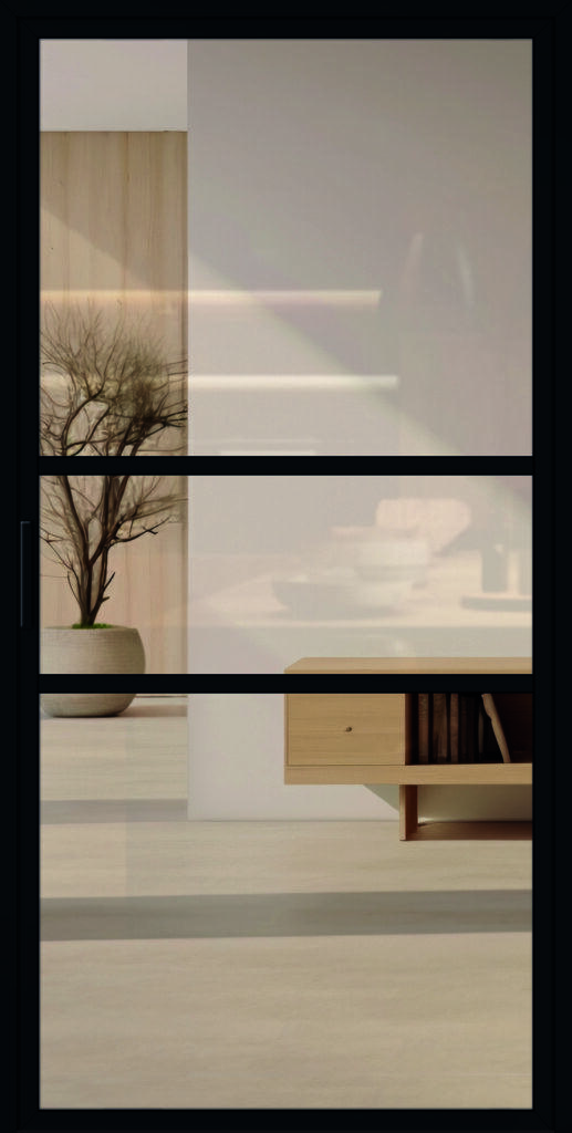 Moderne, schöne Lofttür aus Aluminium für den Innenbereich im Industrie-Stil, Modell 9 in RAL 9005 mit Griffstange und Klarglas.