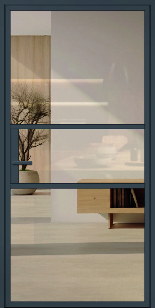 Moderne, schöne Lofttür aus Aluminium für den Innenbereich im Industrie-Stil, Modell 9 in DB 703 mit Drücker und Klarglas.