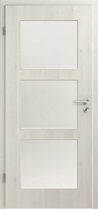 Moderne, schöne Innentür in CPL Vivo Vanilla, Maserung senkrecht mit Lichtausschnitt 3R und Satinato Verglasung.