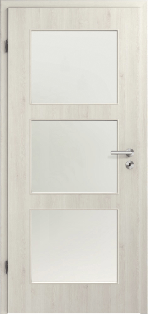 Moderne, schöne Innentür in CPL Vivo Vanilla, Maserung senkrecht mit Lichtausschnitt 3R und Satinato Verglasung.