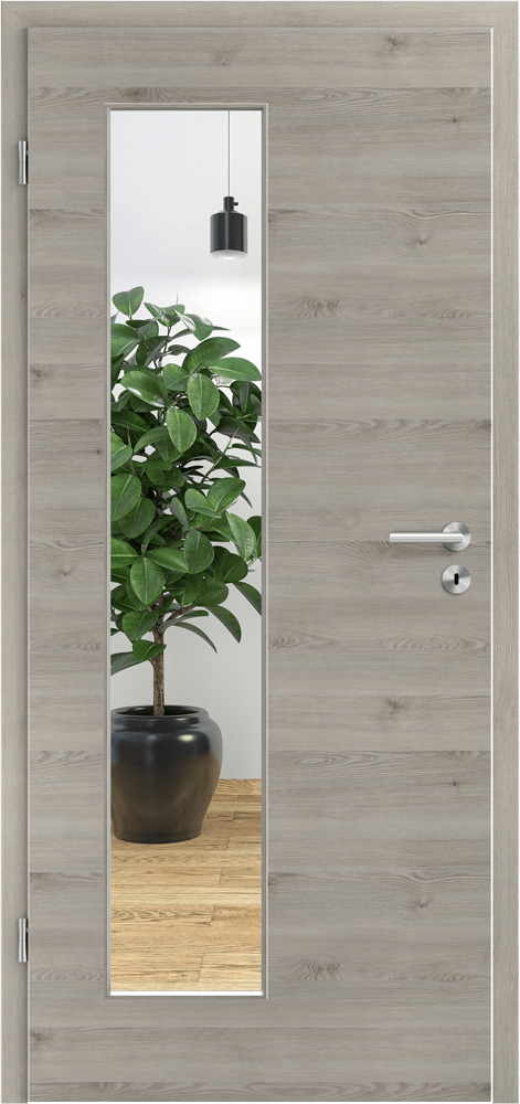 Moderne, schöne Innentür in CPL Vivo Choco Quer, Maserung waagrecht mit Lichtausschnitt Rechteck 30XL, Position bandseitig mit Klarglas.